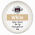 A round clear plastic jar of Fizzy Whiz Glitter Shimmer Wax Dye in the color White, containing 40g of shimmering white wax dye. The label features a beige banner with the word 'White' and the Fizzy Whiz brand logo.