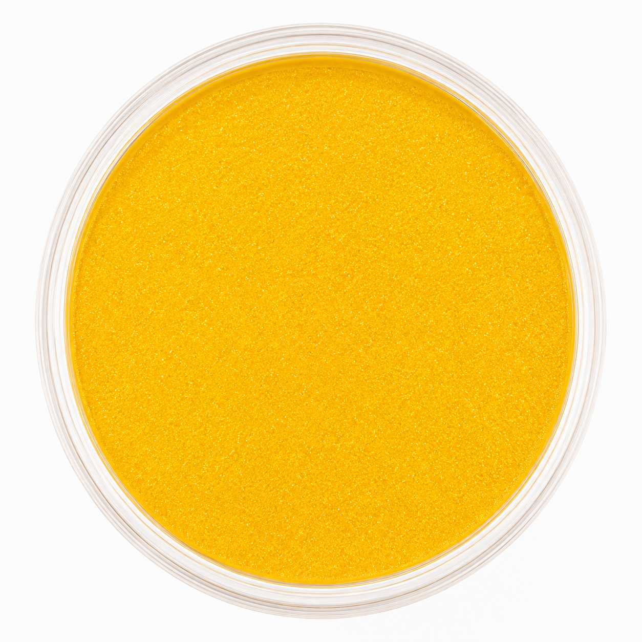 A top-down view of a round clear plastic jar filled with bright yellow glitter powder, set against a solid white background.