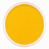 A top-down view of a round clear plastic jar filled with bright yellow glitter powder, set against a solid white background.