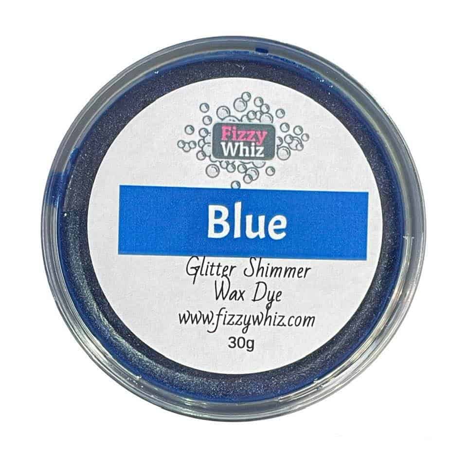 A pot of blue glitter shimmer wax dye from Fizzy Whiz, with visible glitters and pigments.