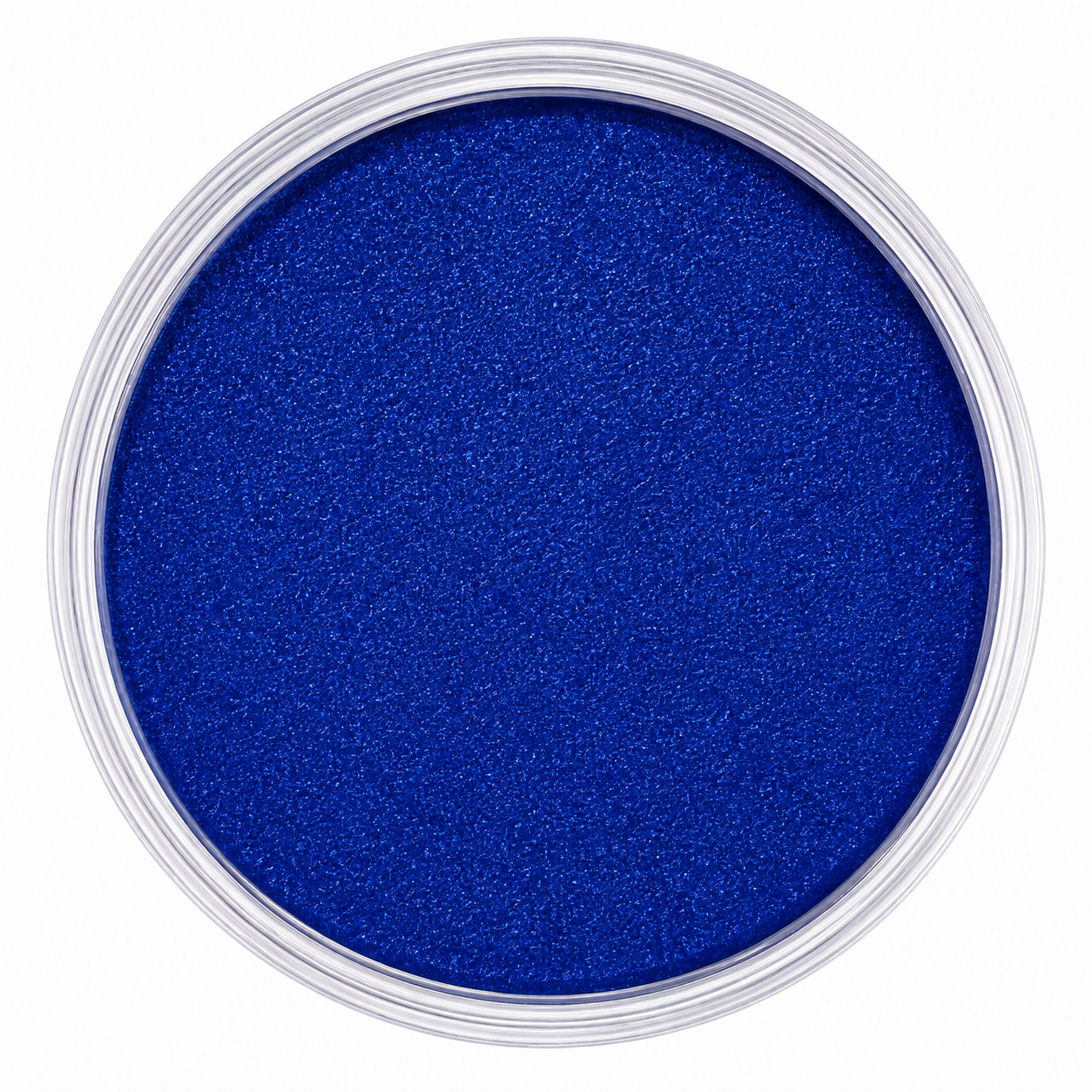 A top-down view of a circular clear plastic container filled with vibrant royal blue glitter powder, set against a solid white background.