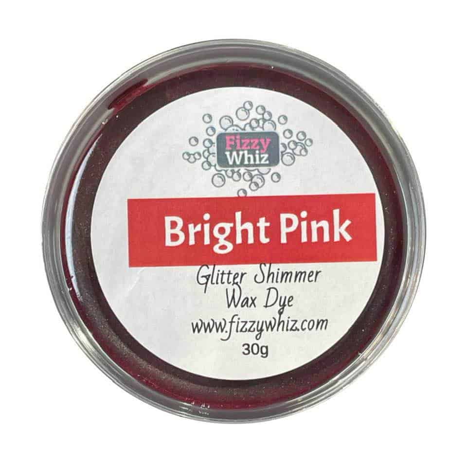A pot of Bright Pink Glitter Shimmer Wax Dye from Fizzy Whiz with label and lid visible.