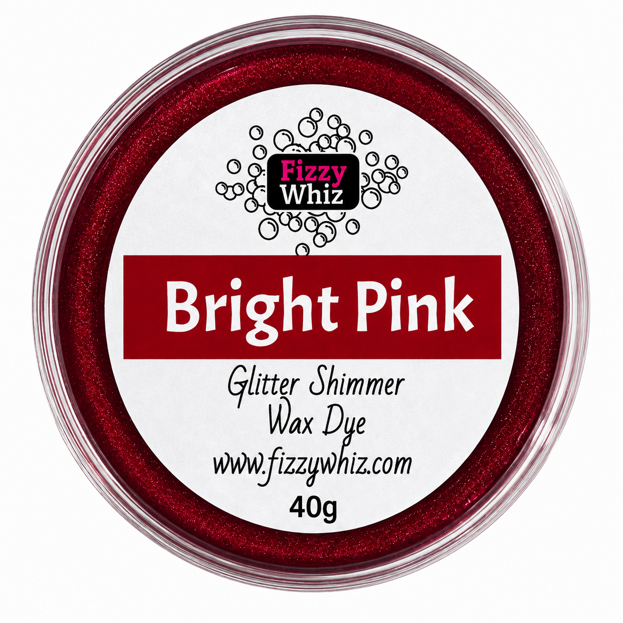 A round clear plastic jar of Fizzy Whiz Bright Pink glitter shimmer wax dye, showing the deep sparkling red-pink pigment inside, with a white and red label on a white background.