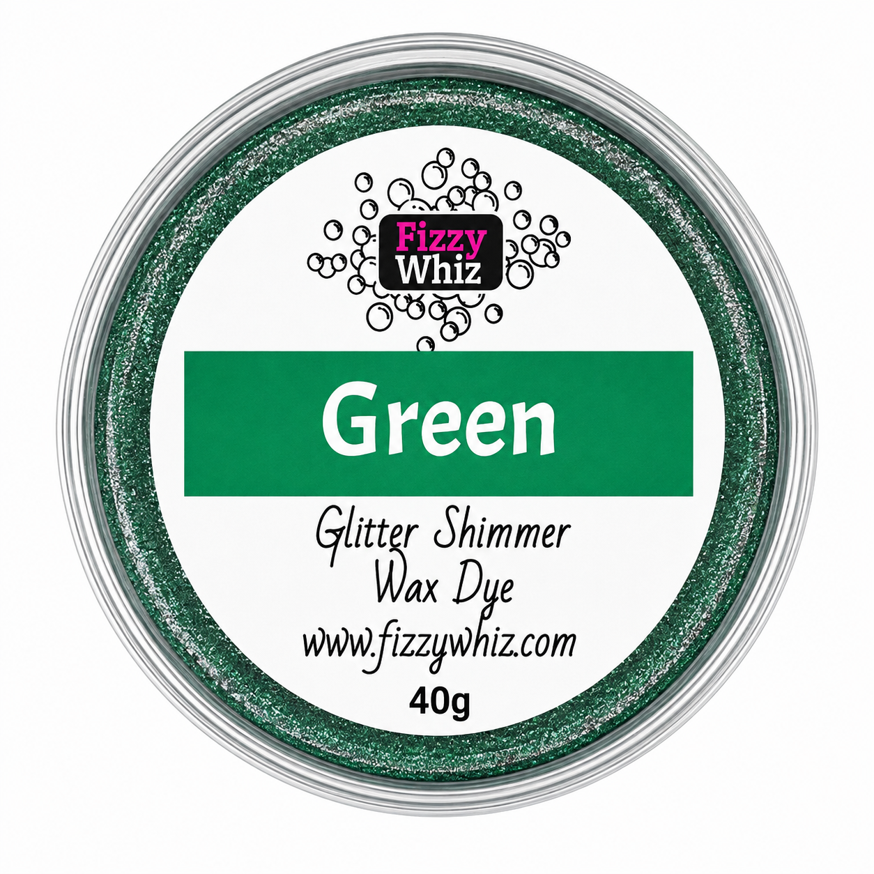 A round tin of Fizzy Whiz Green Glitter Shimmer Wax Dye, 40g, featuring a green glittery rim and a white label with green and black text.