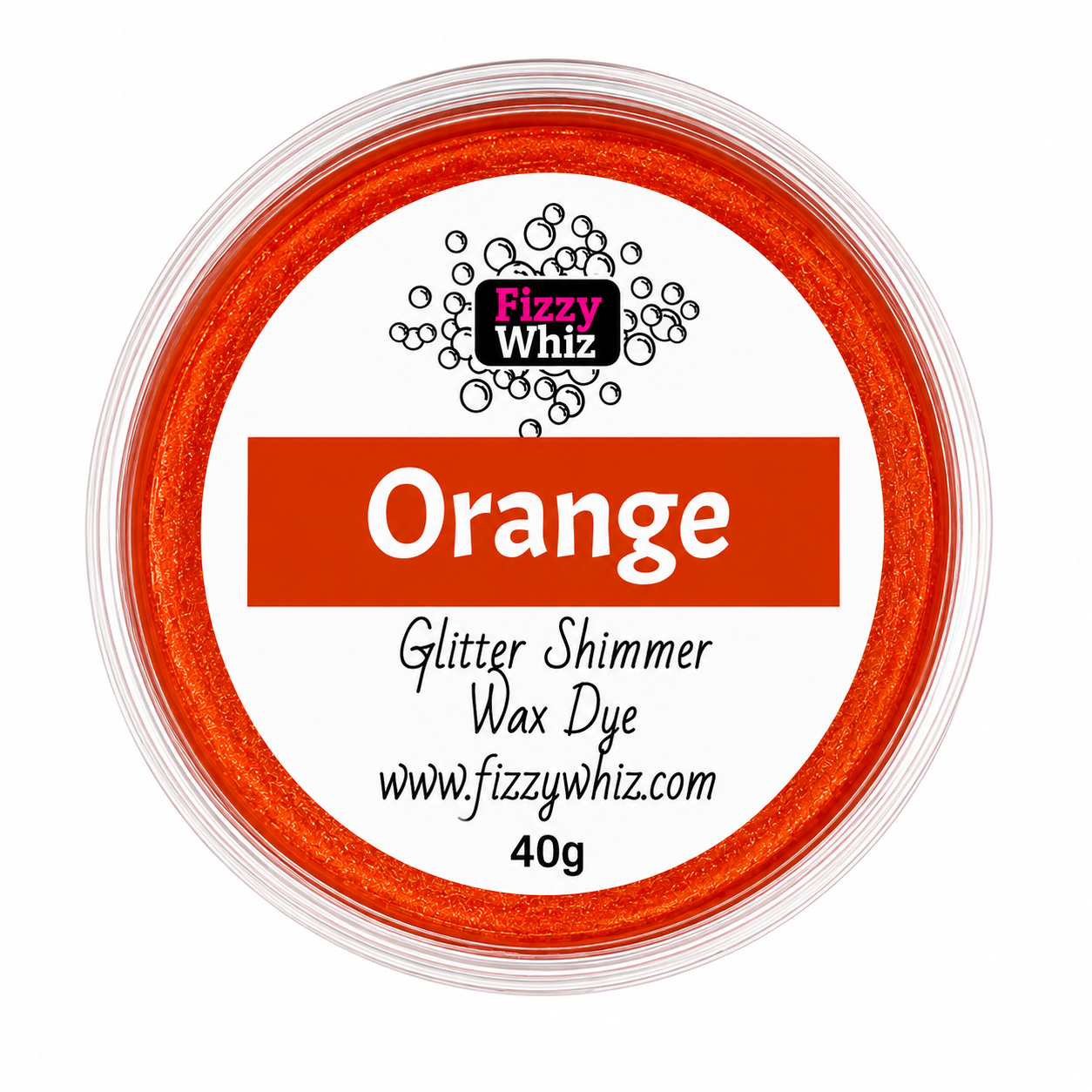 A round plastic jar of Fizzy Whiz Glitter Shimmer Wax Dye in the color Orange, shown against a plain white background.