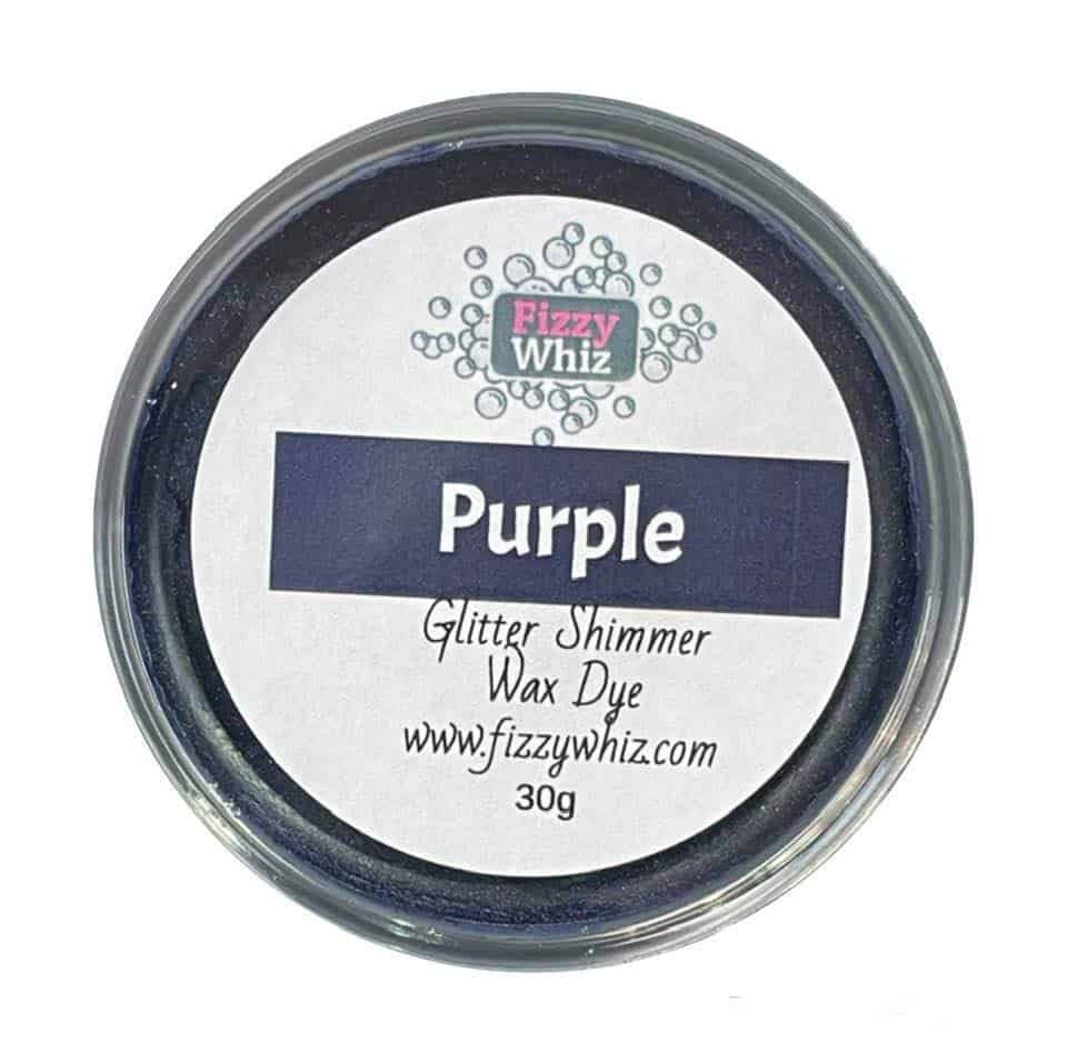 A pot labeled 'Purple' Glitter Shimmer Wax Dye by Fizzy Whiz, indicating the color and type of the product.