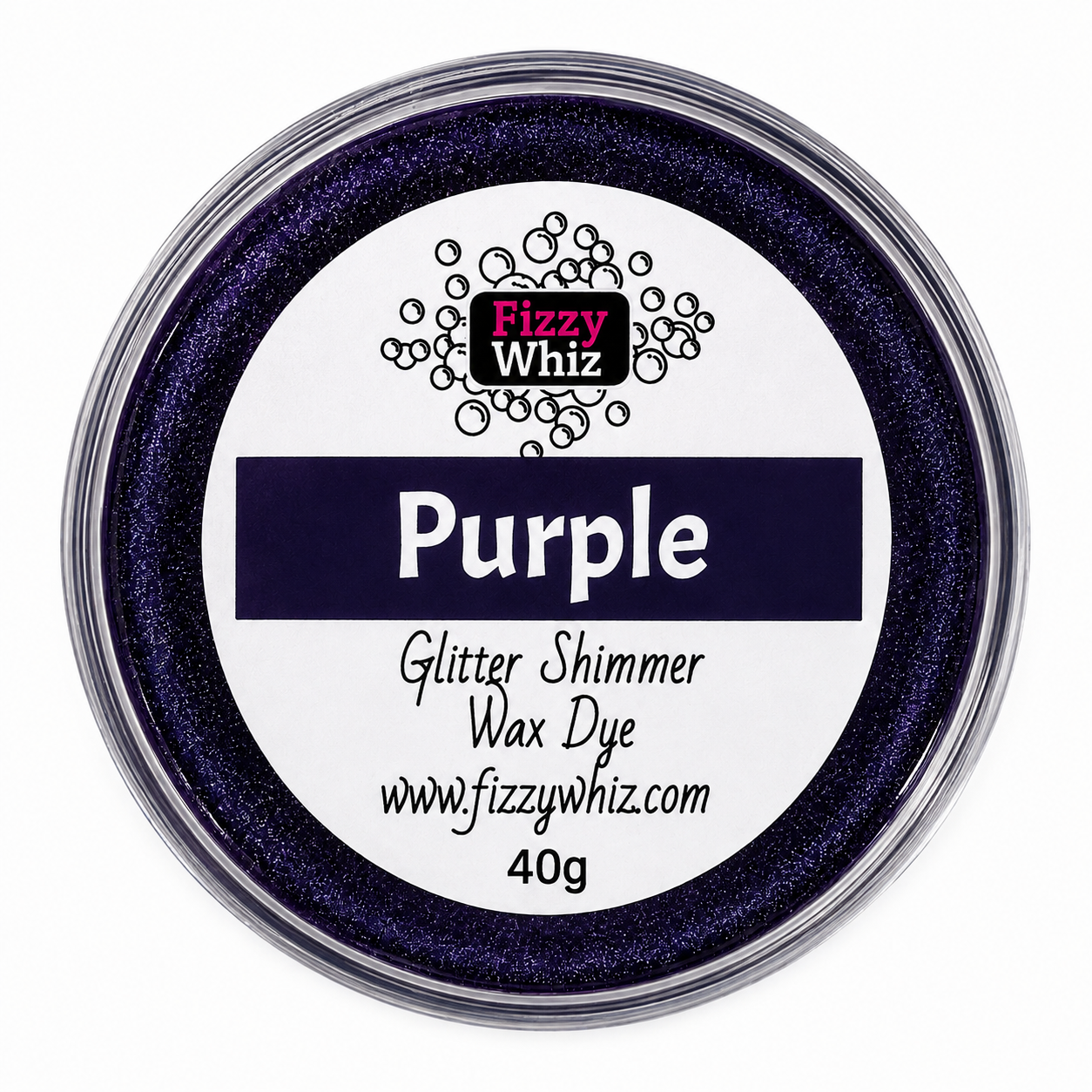 A round plastic jar of Fizzy Whiz Glitter Shimmer Wax Dye in the color Purple, containing a sparkling deep purple wax dye, shown on a white background.