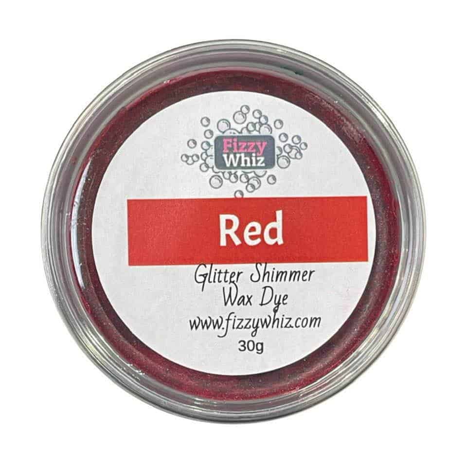 A pot labeled 'Red' Glitter Shimmer Wax Dye by Fizzy Whiz, containing a red colored wax dye with glitter and shimmer particles.