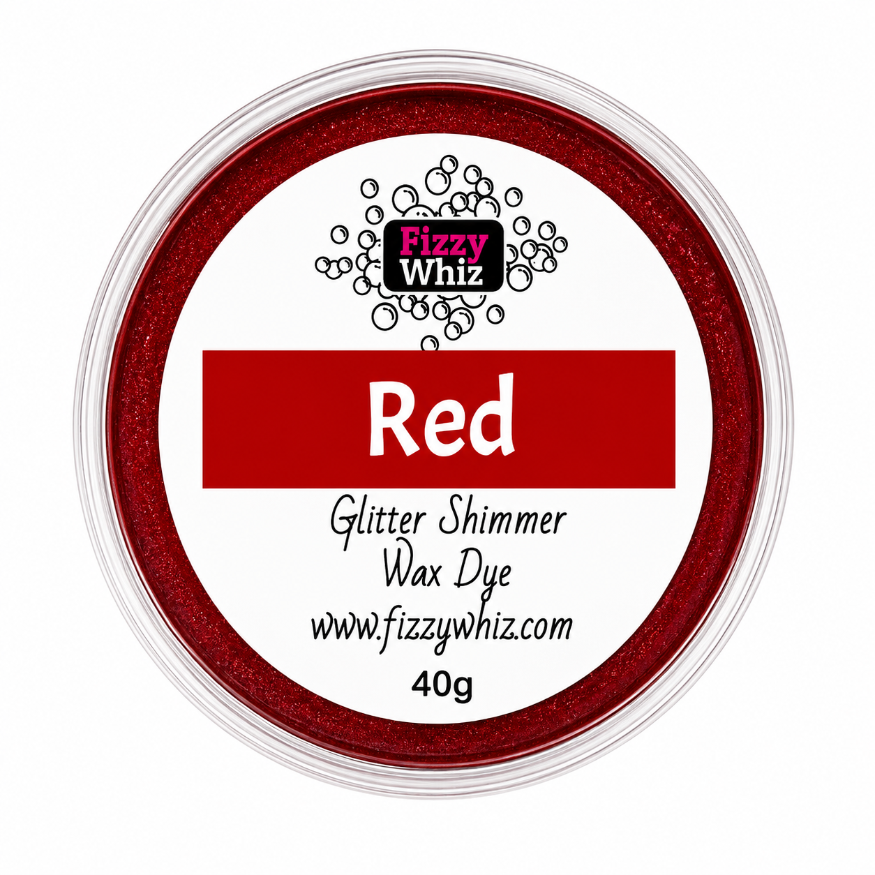 A round plastic jar of Fizzy Whiz Red Glitter Shimmer Wax Dye, 40g, on a solid white background.