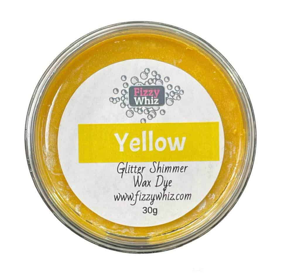 A pot of yellow glitter shimmer wax dye from Fizzy Whiz, with branding and product information on the label.