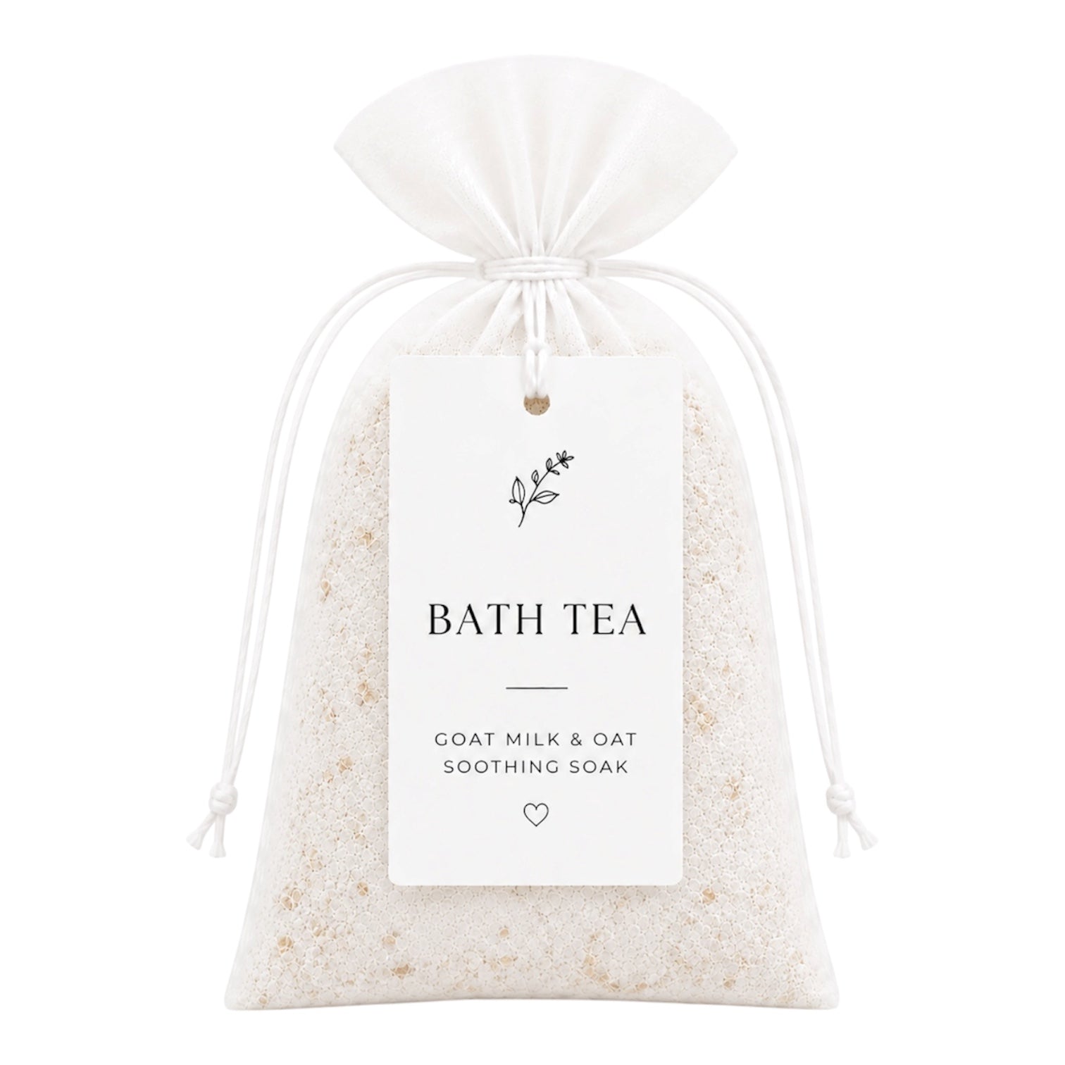 Bag of bath tea with a label on a white background