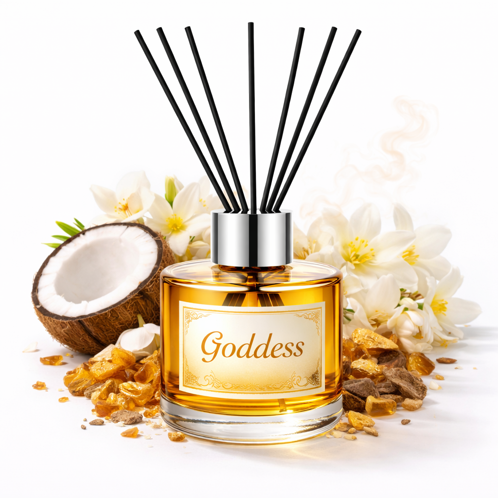 Reed diffuser labeled 'Goddess' with coconut and flowers on a white background