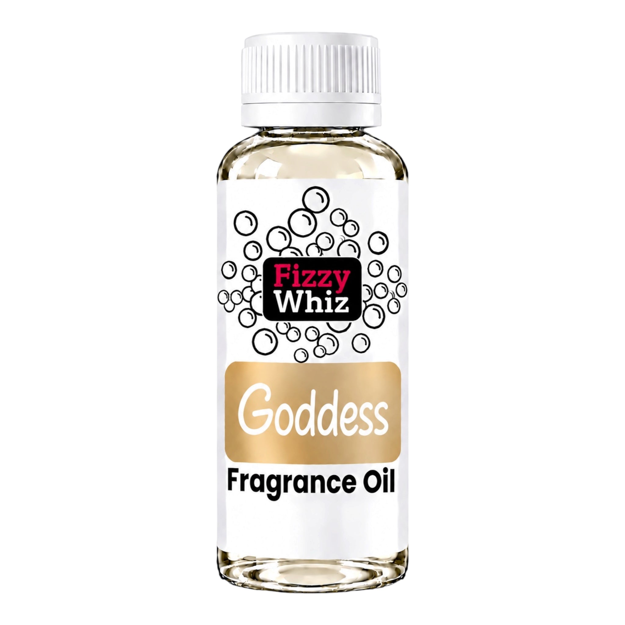A bottle of Fizzy Whiz Goddess Fragrance Oil with a white cap and a white label featuring a gold banner, shown on a plain white background.