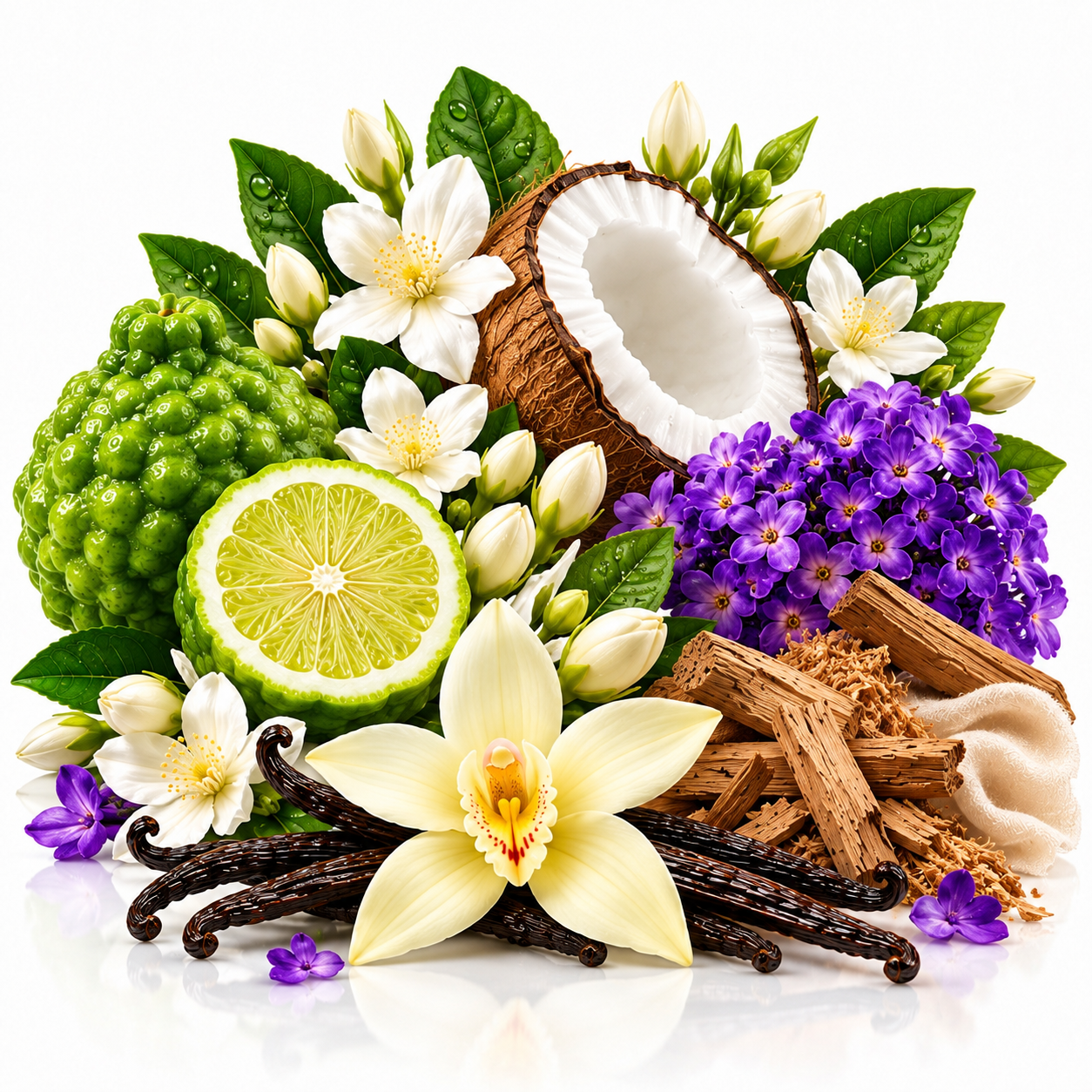 A styled botanical arrangement of natural ingredients on a white background, including a halved coconut, a lime slice, a green bumpy fruit, white flowers, purple blossoms, vanilla beans, and pieces of wood bark.
