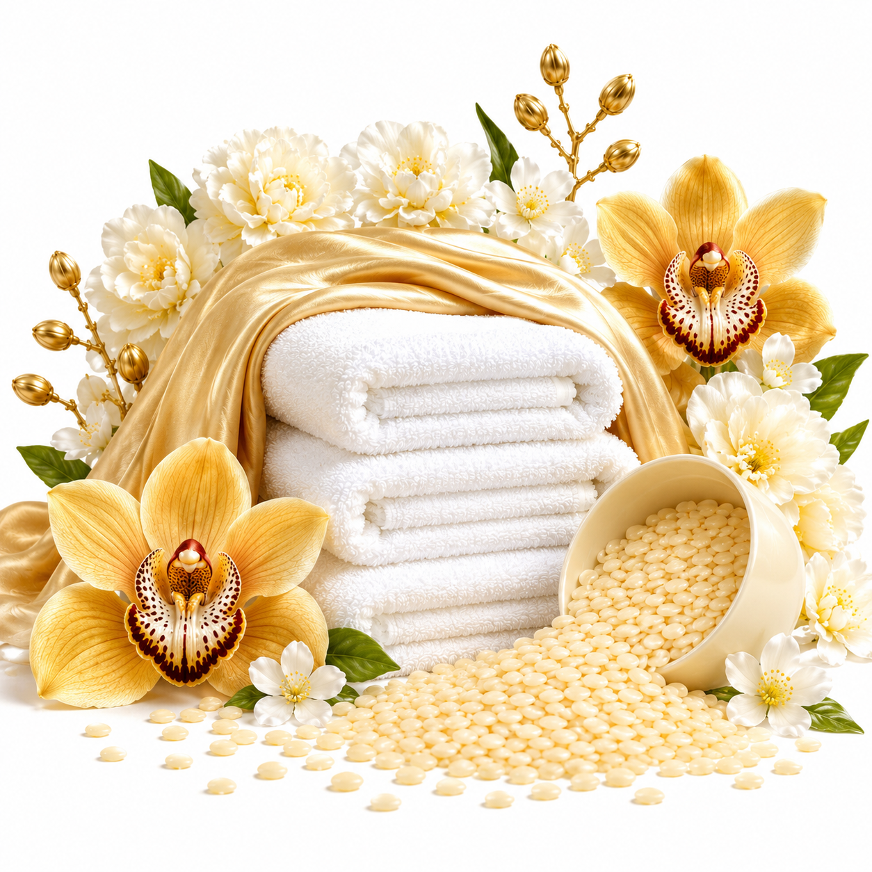 A styled product arrangement featuring a stack of folded white towels draped with a shiny gold fabric, surrounded by large yellow orchids, white flowers, green leaves, and a small cup spilling pale yellow beads on a clean white background.