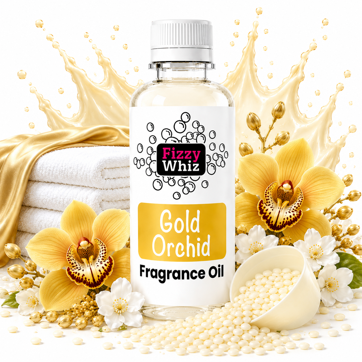 A bottle of Fizzy Whiz Gold Orchid Fragrance Oil centered on a white background, surrounded by decorative props including yellow orchid flowers, white blossoms, gold beads, a small bowl of beads, folded white towels, and a gold splash graphic behind the bottle.