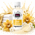 A bottle of Fizzy Whiz Gold Orchid Fragrance Oil centered on a white background, surrounded by decorative props including yellow orchid flowers, white blossoms, gold beads, a small bowl of beads, folded white towels, and a gold splash graphic behind the bottle.