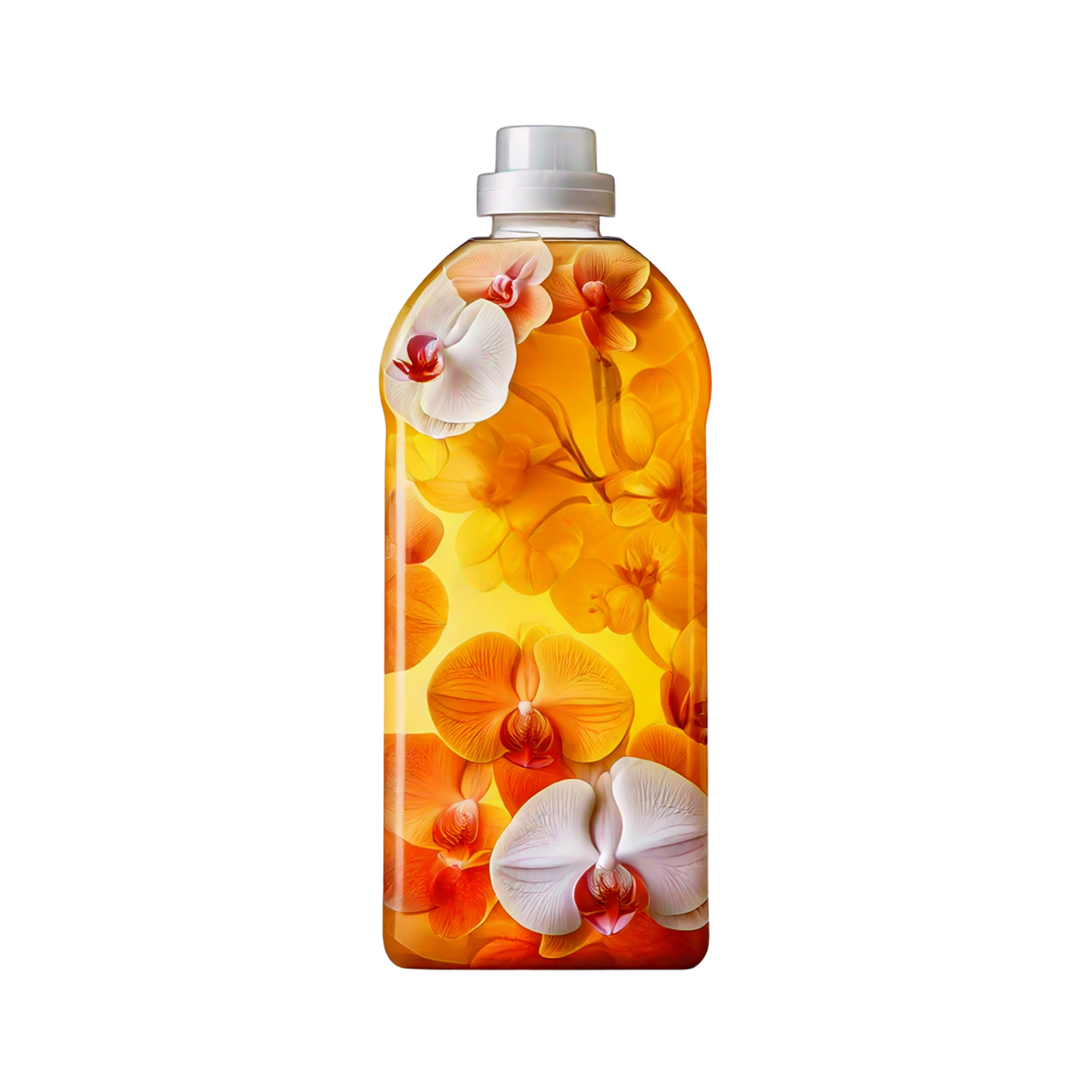Tall rectangular plastic bottle with a light cap, featuring a warm golden orange background decorated with white and orange orchid flowers, shown upright on a light background.
