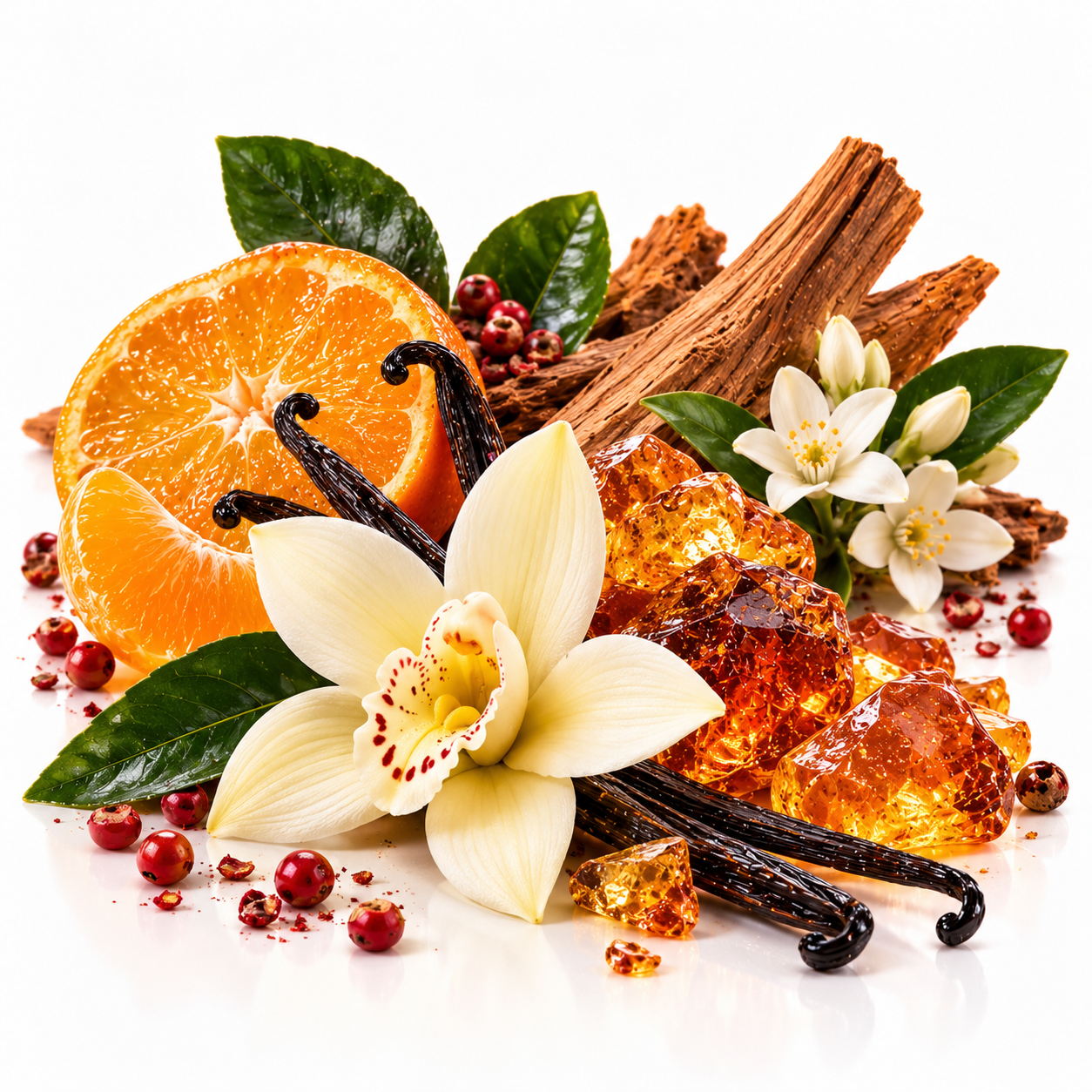 A styled still life of orange slices, vanilla beans, amber crystals, white flowers, green leaves, and red berries on a clean white background.