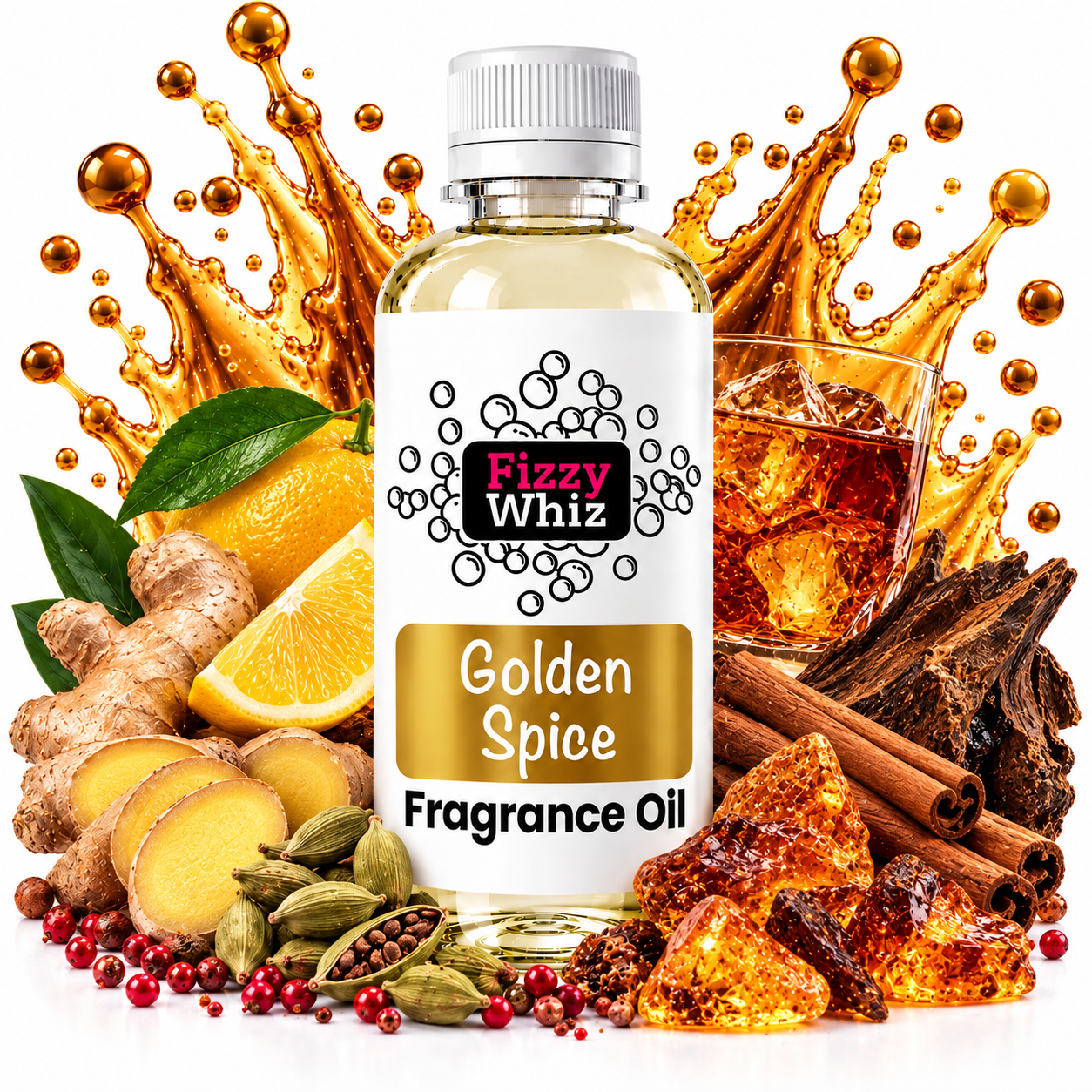 A bottle of Fizzy Whiz Golden Spice Fragrance Oil centered against a white background, surrounded by illustrative ingredients including ginger, orange slices, cinnamon sticks, cardamom pods, amber crystals, and a glass of amber liquid with a golden splash effect behind it.