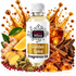 A bottle of Fizzy Whiz Golden Spice Fragrance Oil centered against a white background, surrounded by illustrative ingredients including ginger, orange slices, cinnamon sticks, cardamom pods, amber crystals, and a glass of amber liquid with a golden splash effect behind it.