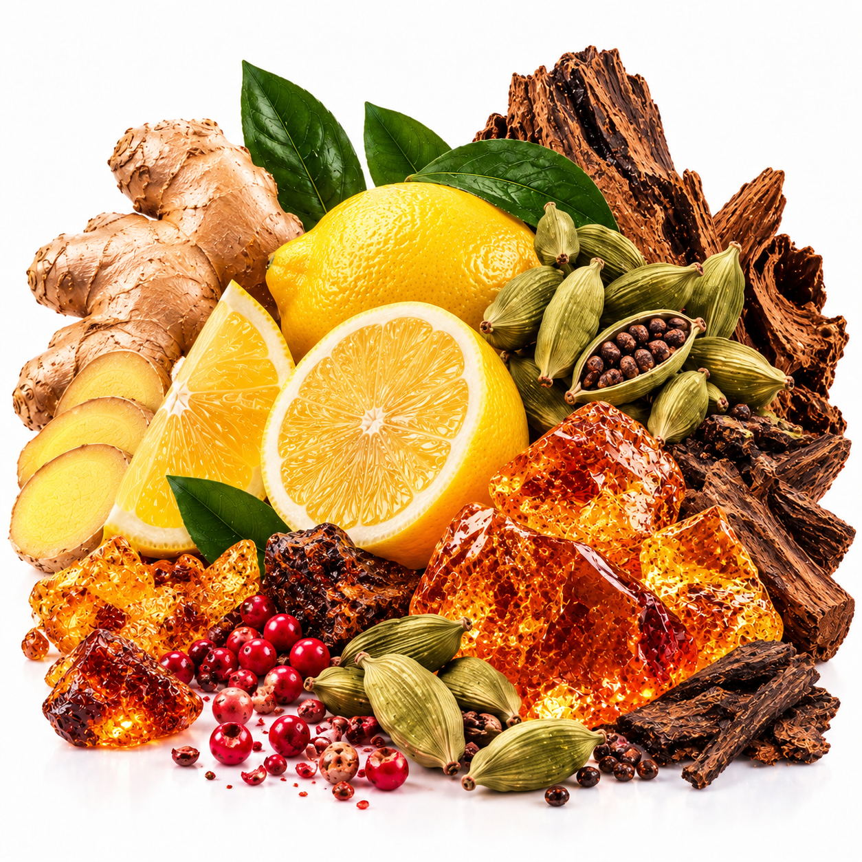 A styled arrangement of whole and sliced ingredients on a white background, including ginger root, lemon halves with green leaves, green cardamom pods, reddish berries, dark brown bark or wood pieces, and amber-orange translucent blocks.