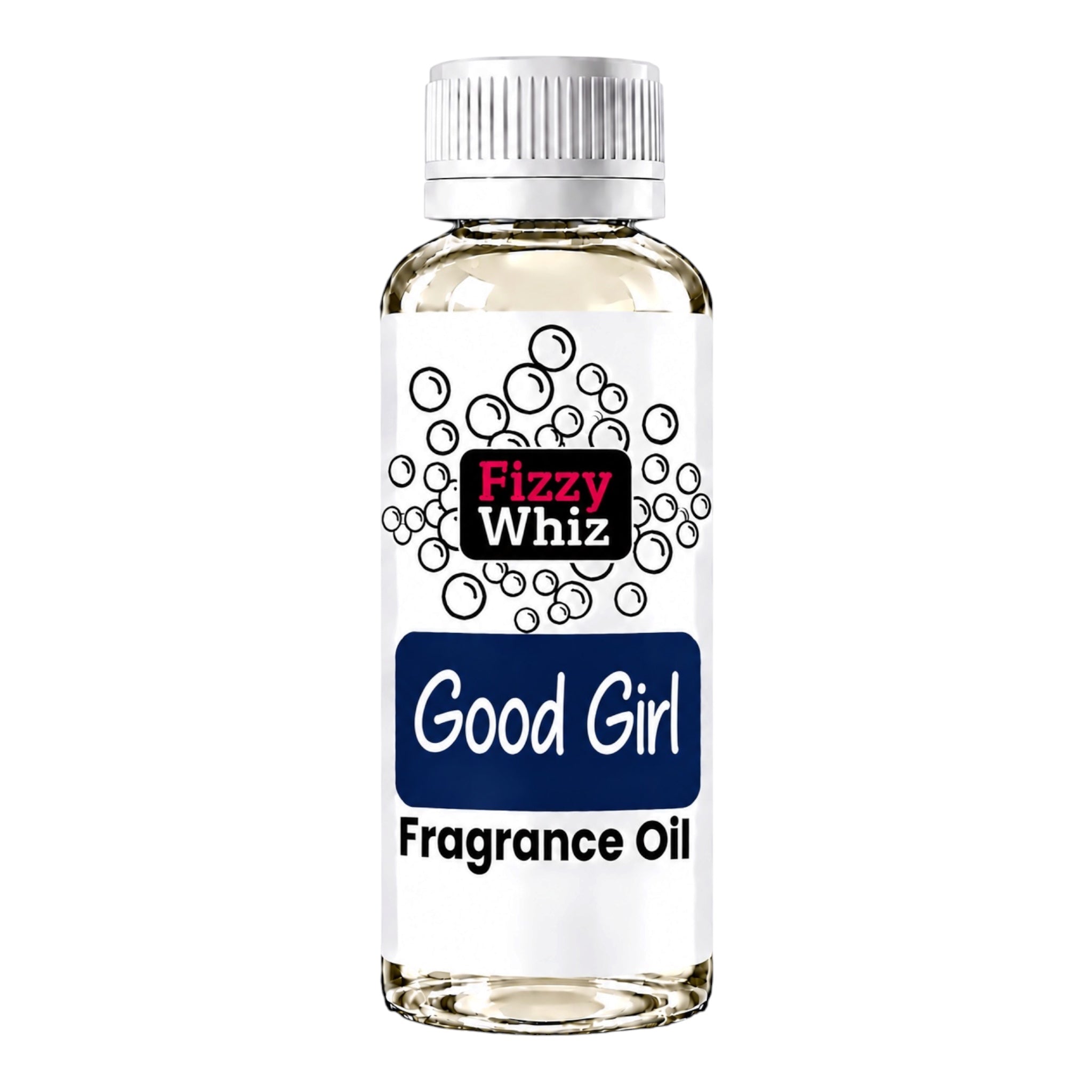 A bottle of Fizzy Whiz 'Good Girl' fragrance oil on a plain white background. The clear glass bottle shows the pale yellow liquid inside, topped with a white ribbed cap and featuring a white label with black bubble graphics and blue and red branding.