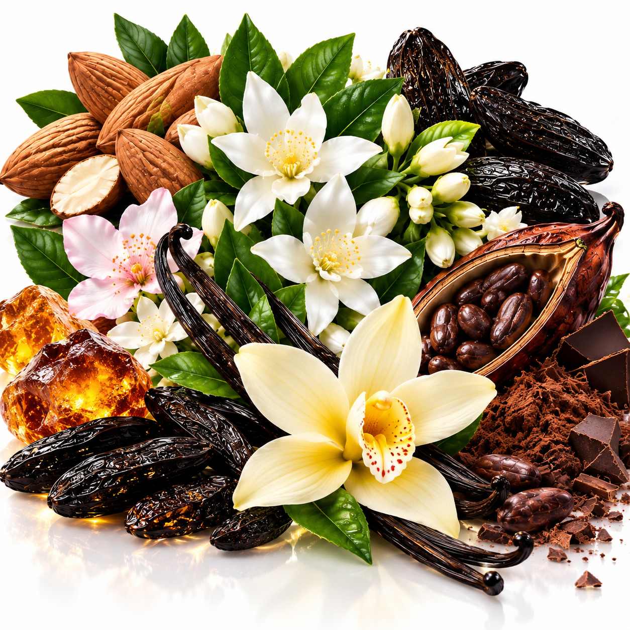 A styled arrangement of vanilla and chocolate ingredients on a white background, including vanilla beans, vanilla flowers, almonds, cacao pods, cocoa powder, amber-like wax, and dark chocolate pieces.