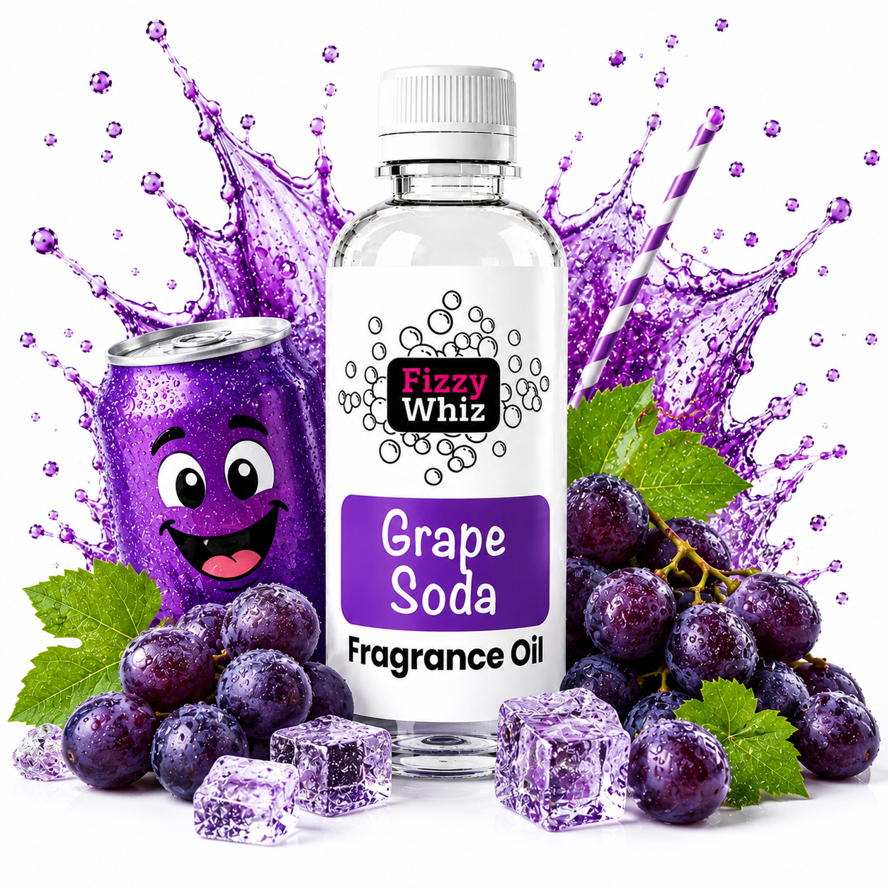 A bottle of Fizzy Whiz Grape Soda Fragrance Oil centered on a white background, surrounded by purple grapes, green leaves, ice cubes, a purple soda can with a cartoon face, and a purple splash graphic with a striped straw.