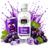 A bottle of Fizzy Whiz Grape Soda Fragrance Oil centered on a white background, surrounded by purple grapes, green leaves, ice cubes, a purple soda can with a cartoon face, and a purple splash graphic with a striped straw.