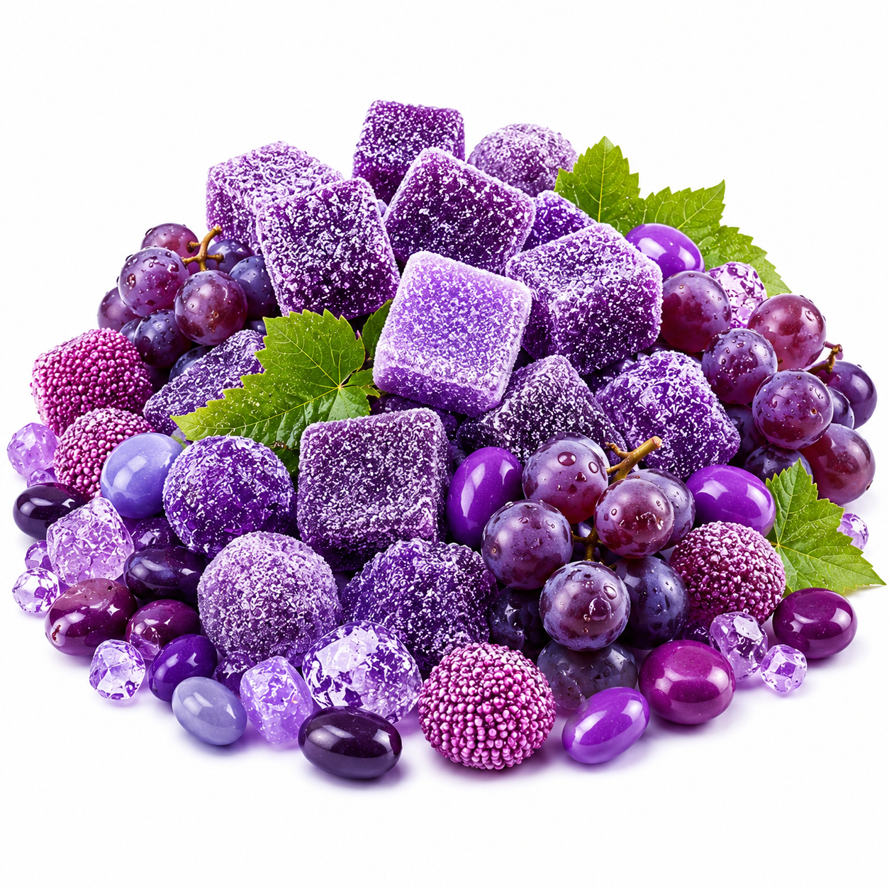 A pile of purple fruit-flavored candy and grape-like sweets arranged on a white background, including sugar-coated cubes, translucent beads, jelly beans, and whole purple grapes with green leaves.