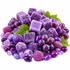 A pile of purple fruit-flavored candy and grape-like sweets arranged on a white background, including sugar-coated cubes, translucent beads, jelly beans, and whole purple grapes with green leaves.