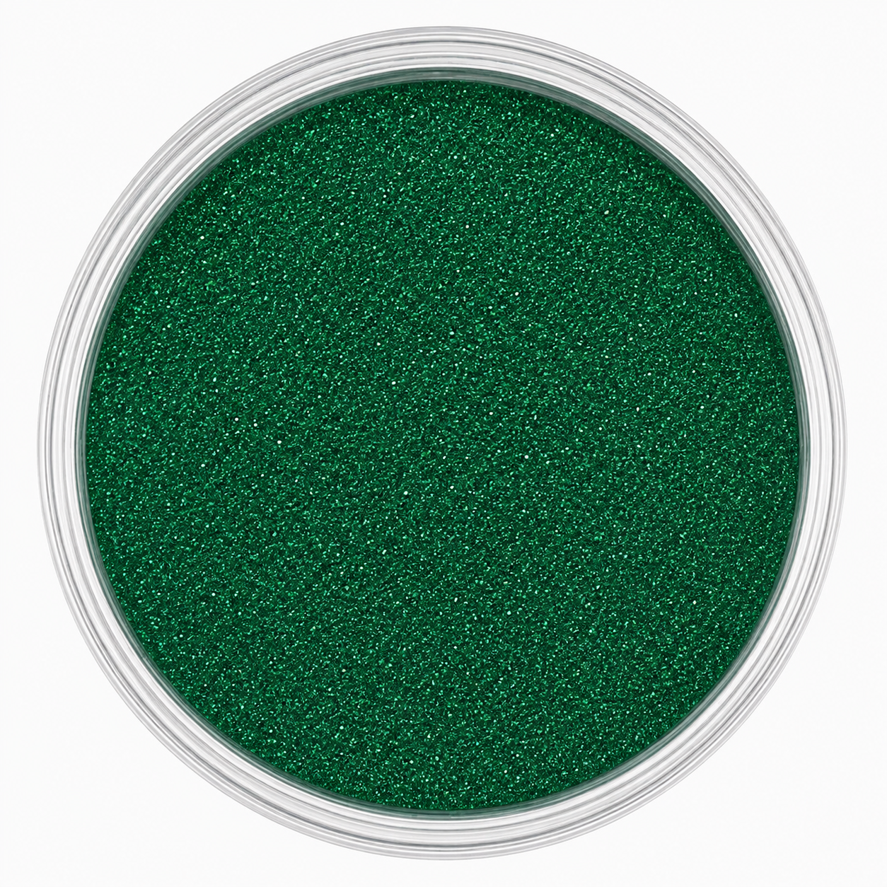 A top-down view of vibrant green glitter powder inside a clear plastic round container, set against a plain white background.