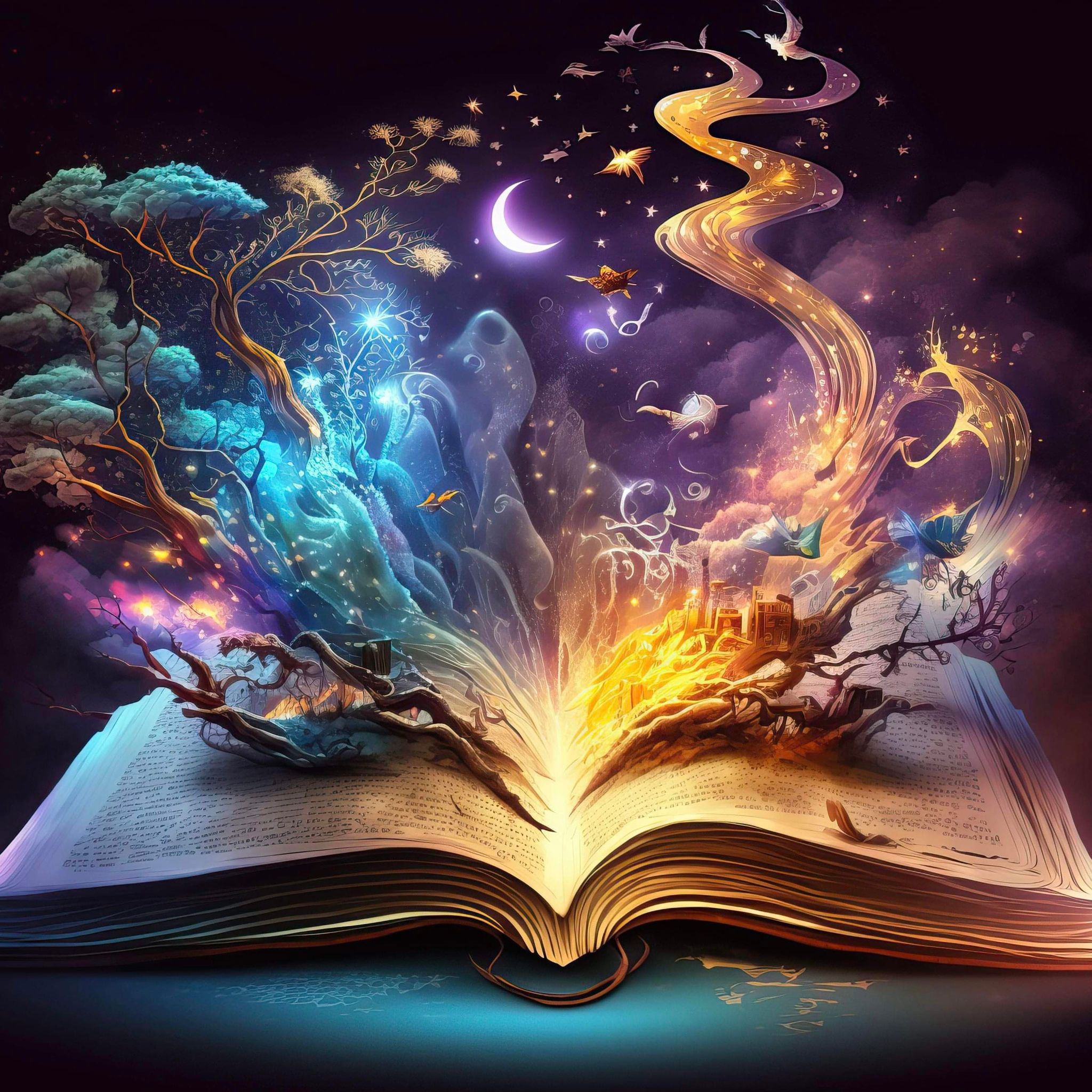 A vibrant and colorful illustration of an open book with magical elements, such as flying pages, trees, and a whimsical dragon, against a night sky background.
