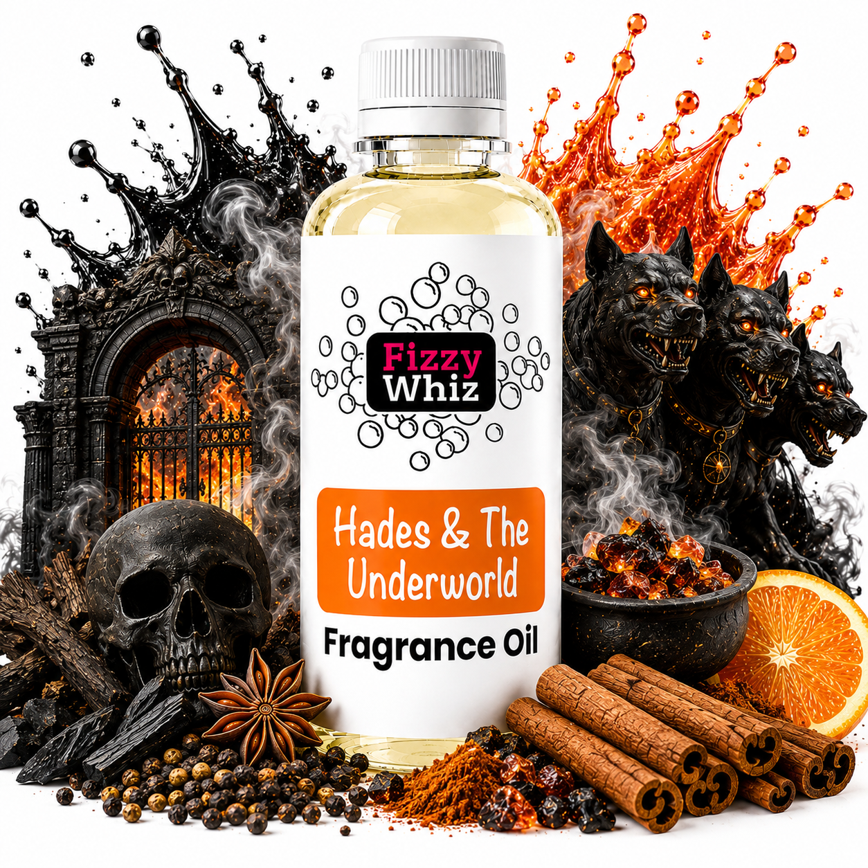 A bottle of Fizzy Whiz 'Hades & The Underworld' fragrance oil centered against a highly stylized graphic background featuring a skull, three-headed dog, fiery crown, spices, and dark architectural elements.