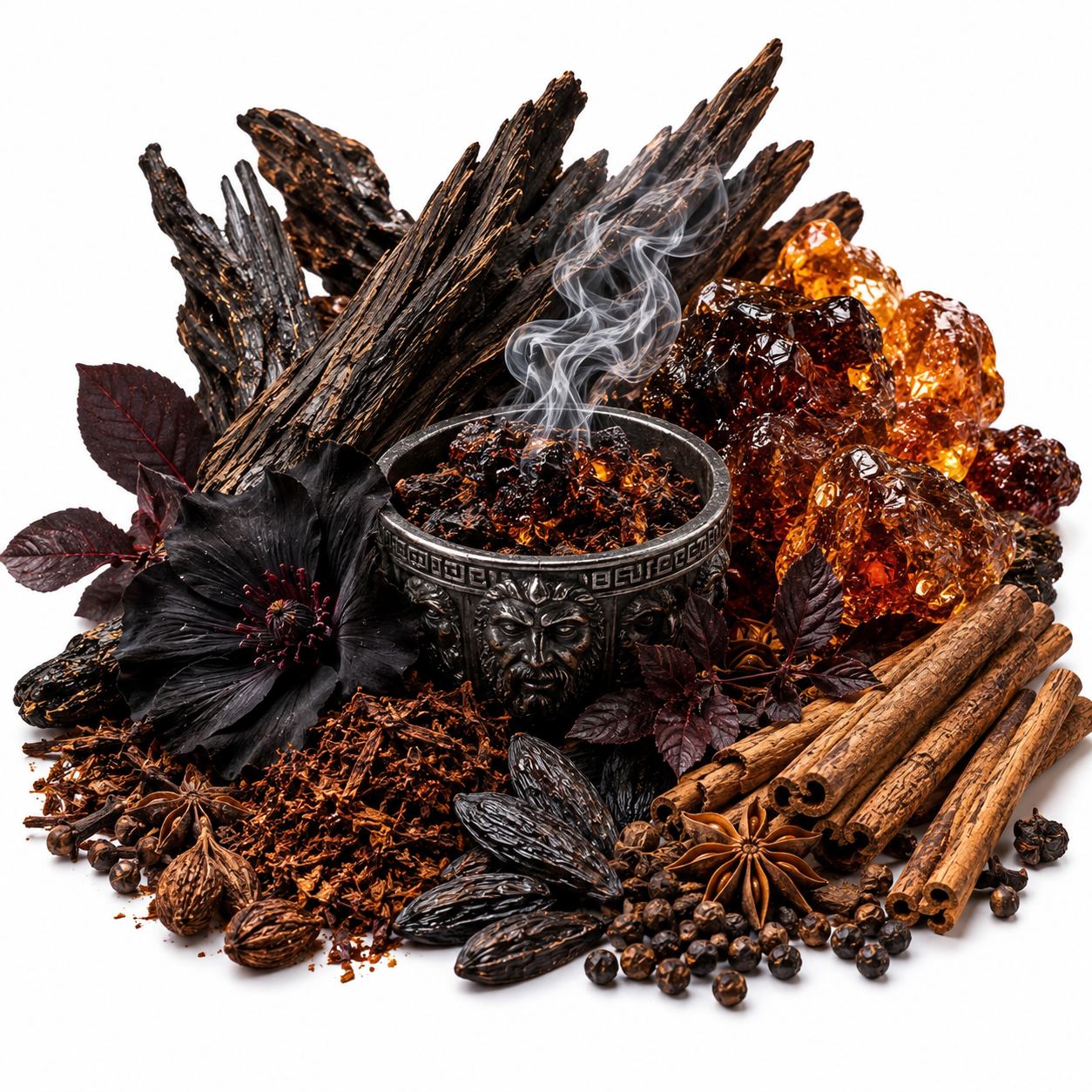 A styled arrangement of dried botanicals and spices on a white background, including cinnamon sticks, star anise, brown sugar crystals, dark wood pieces, a black flower, and a small ornate metal bowl with smoke rising from the contents.