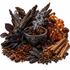 A styled arrangement of dried botanicals and spices on a white background, including cinnamon sticks, star anise, brown sugar crystals, dark wood pieces, a black flower, and a small ornate metal bowl with smoke rising from the contents.