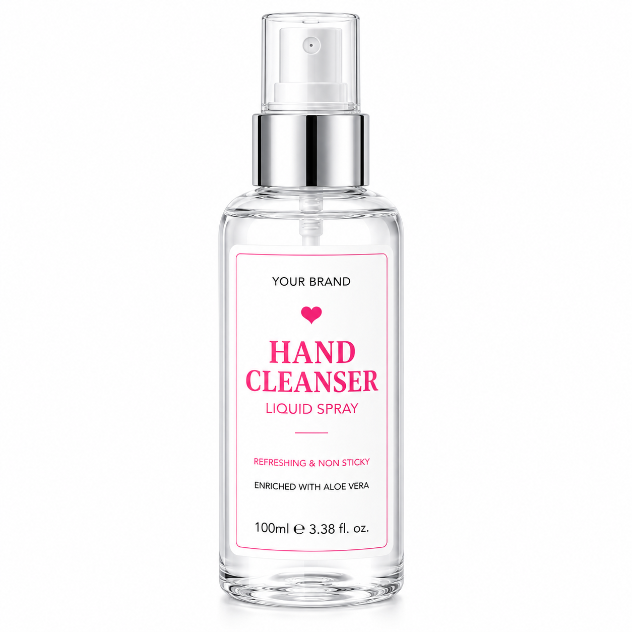 Hand cleanser spray bottle with a clear label on a white background