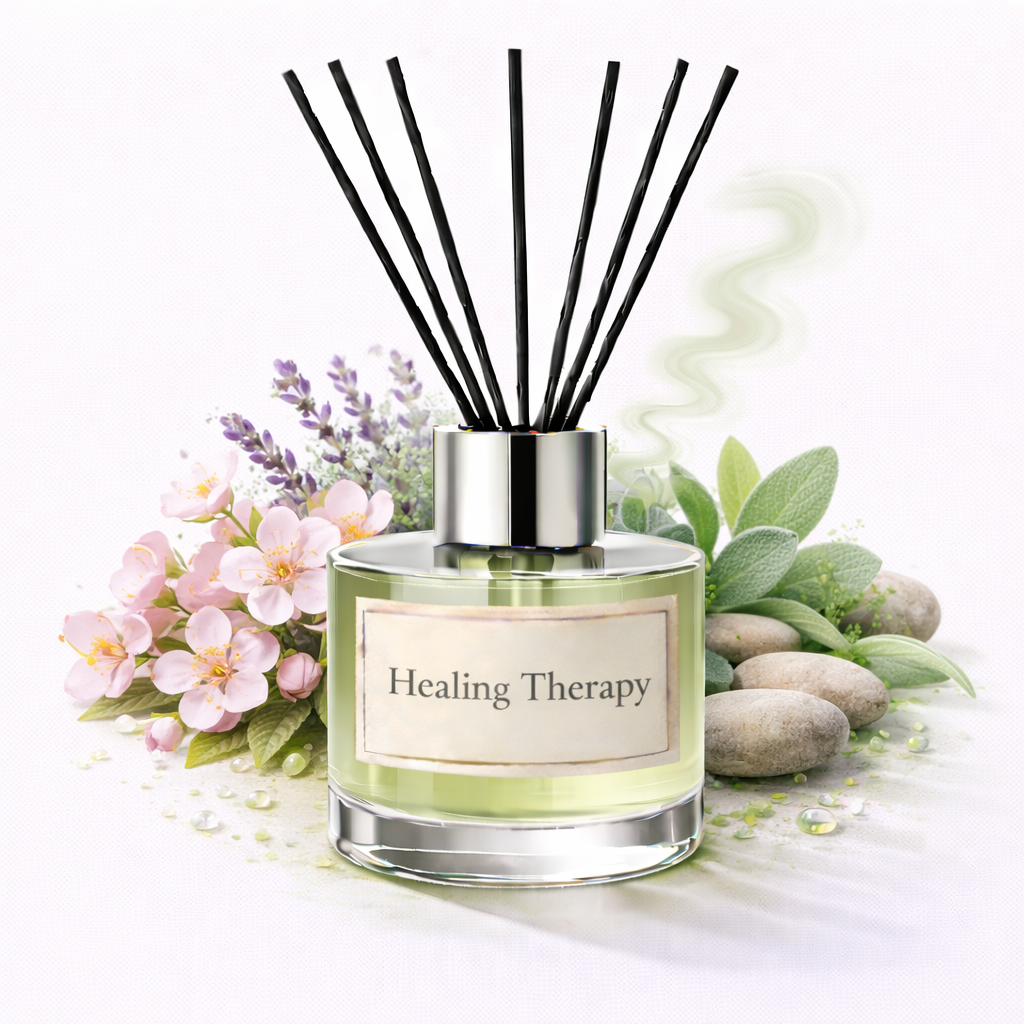 Diffuser with 'Healing Therapy' label surrounded by flowers and stones on a white background