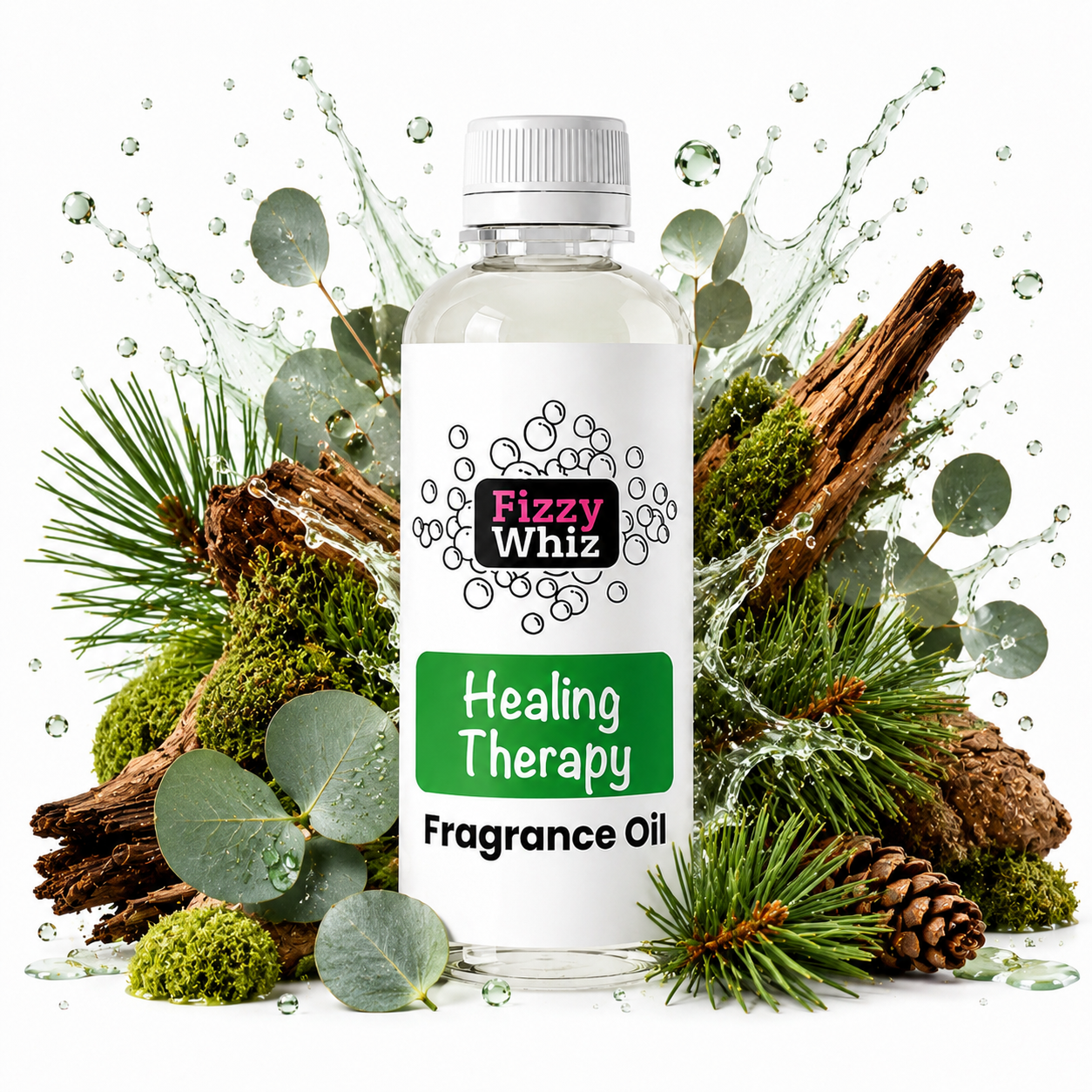 A clear bottle of Fizzy Whiz Healing Therapy Fragrance Oil with a white cap and white label, surrounded by natural ingredients like pine needles, eucalyptus leaves, moss, bark, and a pinecone on a white background with water splashes.
