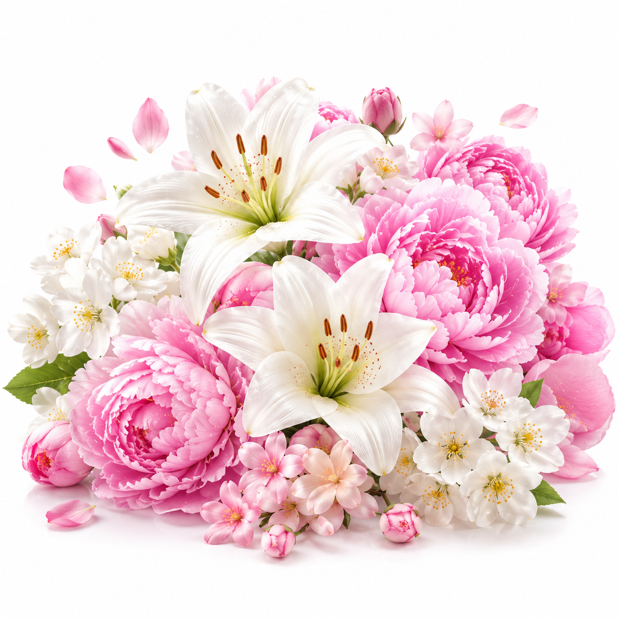 A vibrant floral arrangement featuring large white lilies, pink peonies, and small white blossoms with green leaves, set against a solid white background.