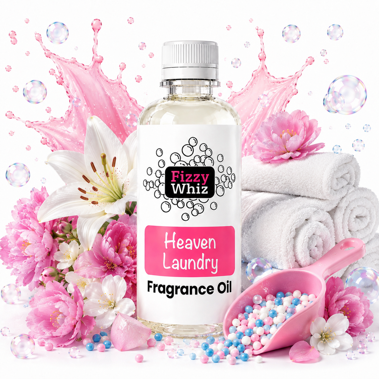 A bottle of Fizzy Whiz Heaven Laundry Fragrance Oil centered on a white background, surrounded by pink flowers, folded white towels, a pink scoop filled with colorful beads, and pink splash graphics with bubbles.