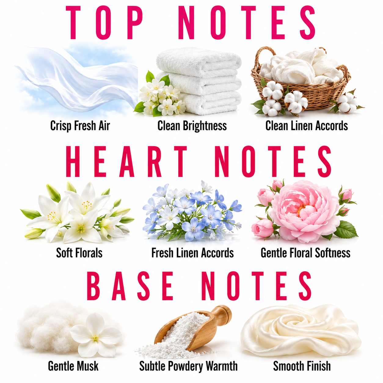 A fragrance notes graphic titled 'TOP NOTES', 'HEART NOTES', and 'BASE NOTES' with illustrated scent descriptors including crisp fresh air, clean linen accords, soft florals, fresh linen accords, gentle floral softness, gentle musk, subtle powdery warmth, and smooth finish.