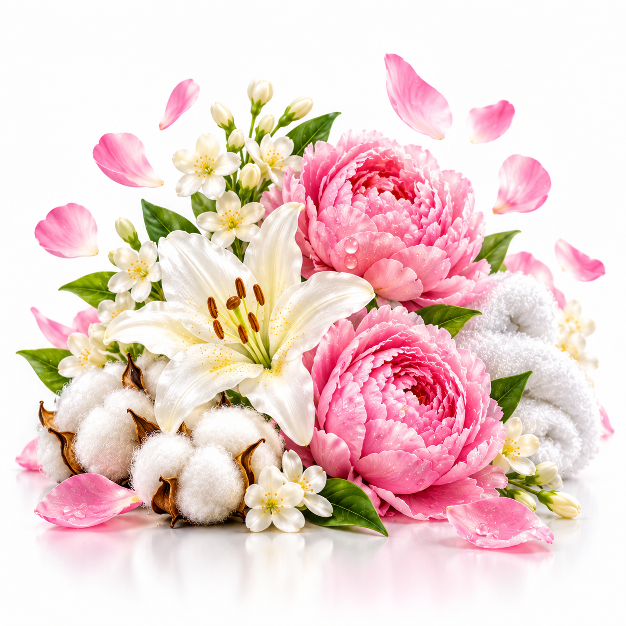 A floral arrangement featuring two large pink peonies, a white lily, white cotton bolls, small white blossoms, green leaves, and scattered pink petals on a clean white background.