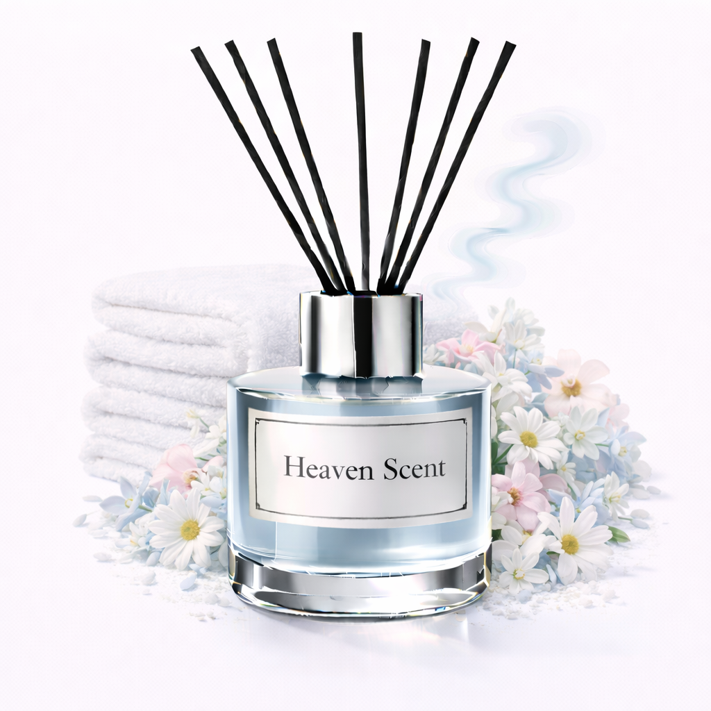 Diffuser with 'Heaven Scent' label surrounded by flowers on a white background