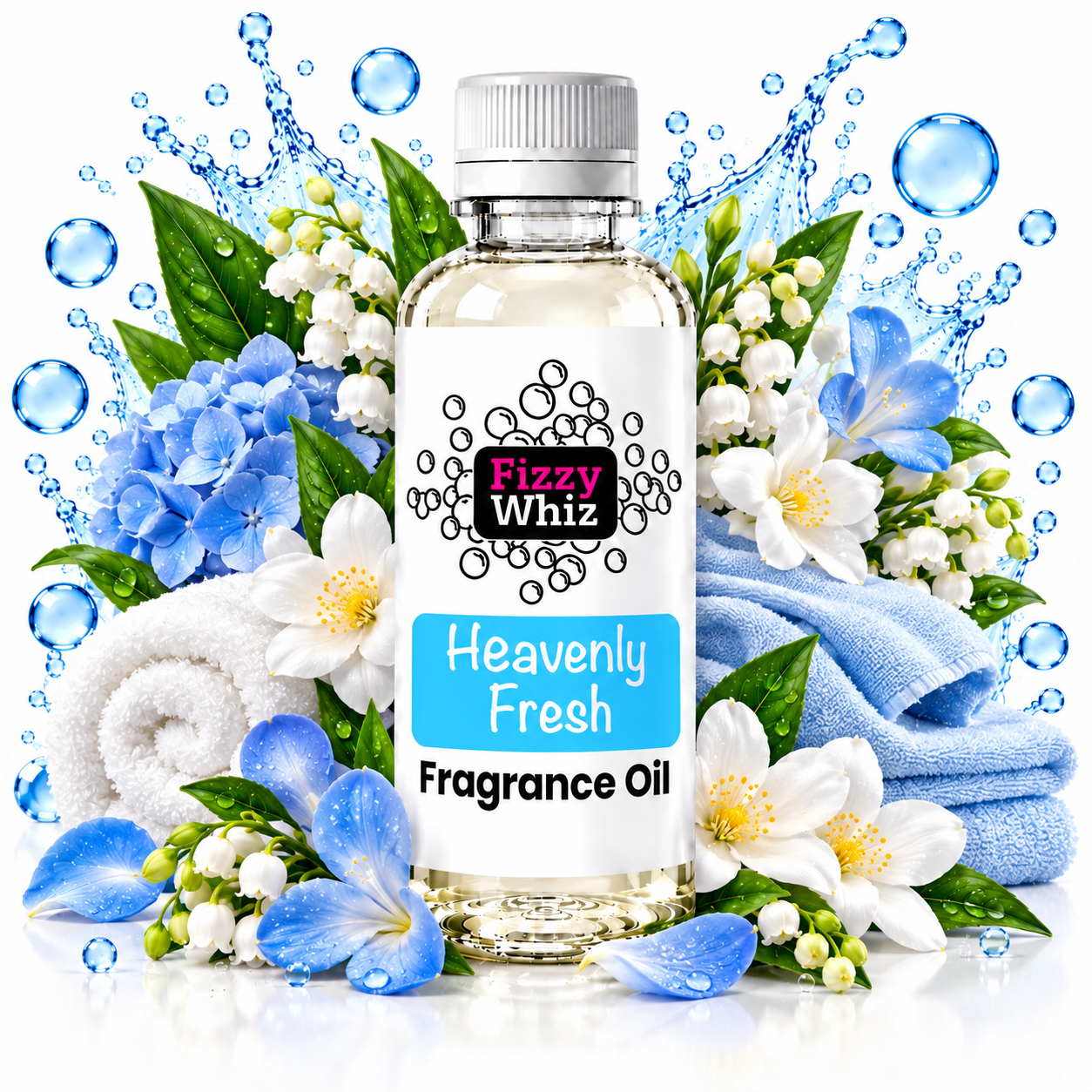 A bottle of Fizzy Whiz Heavenly Fresh Fragrance Oil centered on a white background, surrounded by blue flowers, white blossoms, green leaves, blue water droplets, folded blue towels, and a rolled white towel.