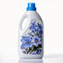 Light lavender plastic detergent-style bottle with built-in handle and blue screw cap, decorated with detailed blue floral artwork, shown upright on a light background.