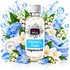 A bottle of Fizzy Whiz Heavenly Fresh Fragrance Oil centered on a white background, surrounded by blue flowers, white blossoms, green leaves, blue water droplets, folded blue towels, and a rolled white towel.