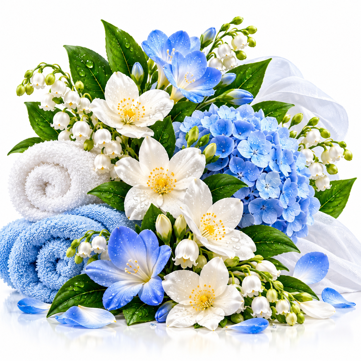 A floral arrangement featuring blue and white flowers with green leaves, styled with rolled white and blue towels on a clean white background.