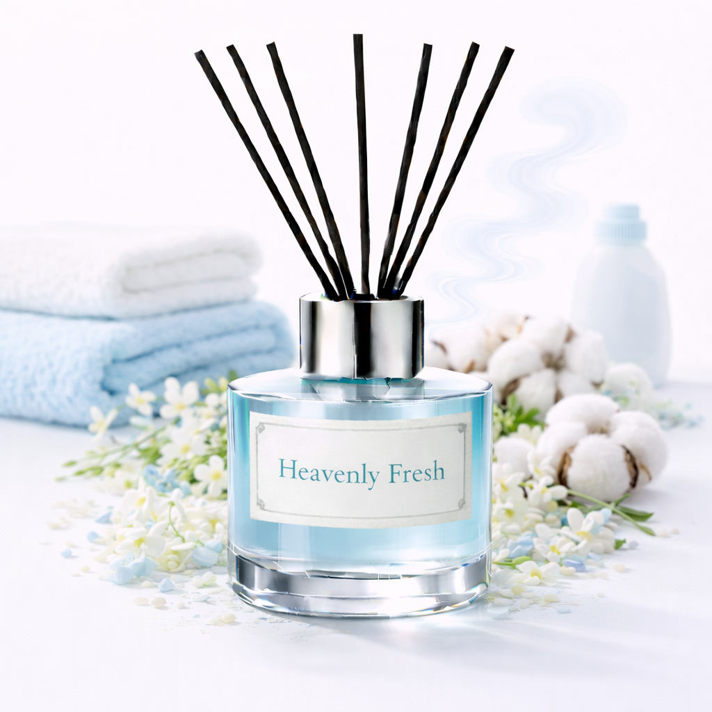 Reed diffuser labeled 'Heavenly Fresh' with black reeds on a light background.